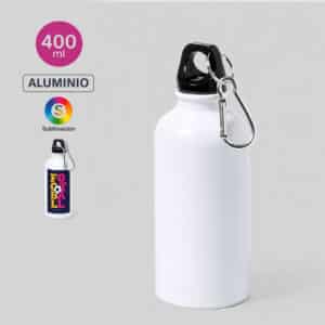 Botella de aluminio de 400 ml para sublimación con acabado blanco brillante, tapón de rosca y mosquetón metálico.