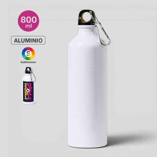 Botella de aluminio de 800 ml para sublimación con acabado blanco brillante, tapón de rosca y mosquetón metálico.