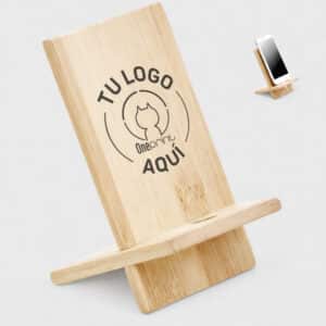 Soporte para celular de bambú personalizado, práctico y ecológico, con ranura para cargar el dispositivo mientras permanece en la base.