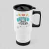 Taza térmica personalizada de 14 onzas en acero inoxidable con tapa plástica a presión, ideal para bebidas calientes o frías.