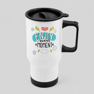 Taza térmica personalizada de 14 onzas en acero inoxidable con tapa plástica a presión, ideal para bebidas calientes o frías.