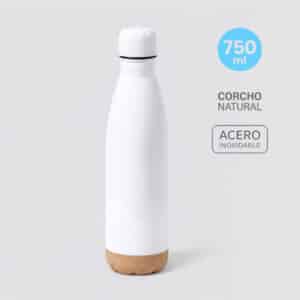Botella personalizada de 750 ml en acero inoxidable blanco mate con base de corcho natural.