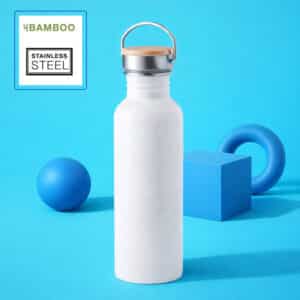 Botella de acero inoxidable con tapa de bambú: resistente, elegante y eco-friendly.