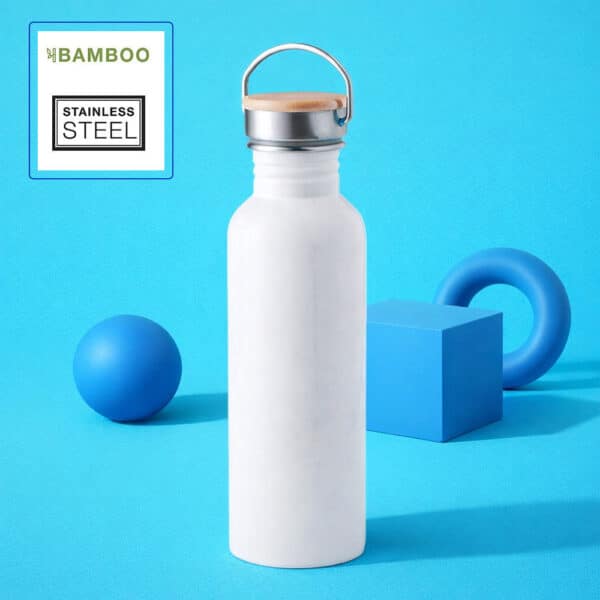 Botella Personalizable Eco Bamboo Steel Botella de acero inoxidable con tapa de bambú: resistente, elegante y eco-friendly.