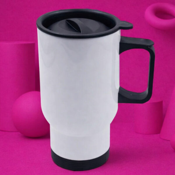 Taza térmica personalizada con tapa y asa negra Taza térmica de viaje con tapa deslizable y asa ergonómica.