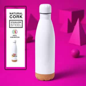Botella Personalizable y Sublimable con Base de Corcho Elegancia ecológica: acero inoxidable con base natural de corcho.
