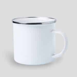 Taza metálica retro personalizada de 380 ml con borde plateado, ideal para sublimación de logos, nombres o diseños especiales.