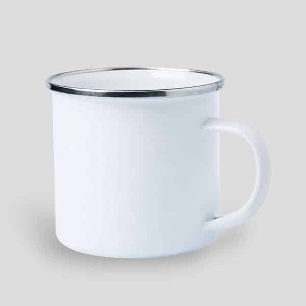 Taza metálica retro personalizada de 380 ml con borde plateado, ideal para sublimación de logos, nombres o diseños especiales.