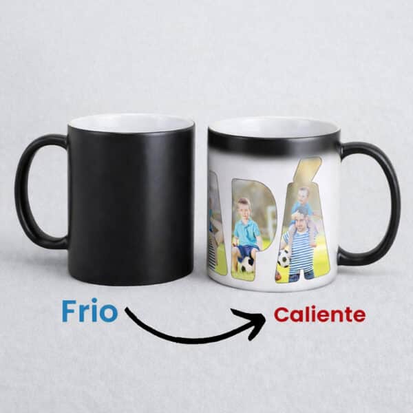 Taza negra mágica personalizada de 11 oz que revela imágenes, frases o fotos al agregar bebida caliente.