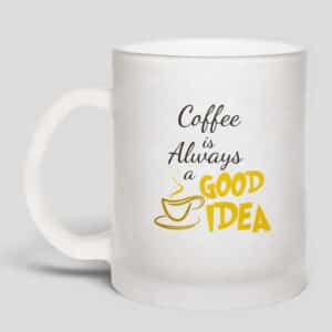 Taza de vidrio nevado personalizada con acabado translúcido, ideal para sublimación de frases, logos o diseños especiales.