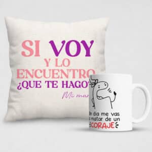 Set de almohada y taza personalizada con cojín decorativo y taza blanca de 11 oz, ideal para regalos especiales.