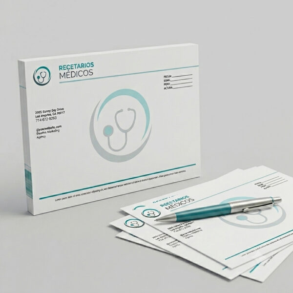 Recetarios media carta personalizados 3 Recetarios media carta personalizados en papel bond, con 50 hojas engomadas e impresión full color a una cara, ideales para clínicas y consultorios.