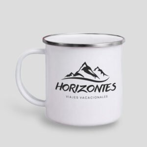 taza retro personalizada, taza estilo campamento personalizada, taza 380 ml personalizada, taza con borde plateado, taza vintage con logo o foto, taza personalizada para regalo