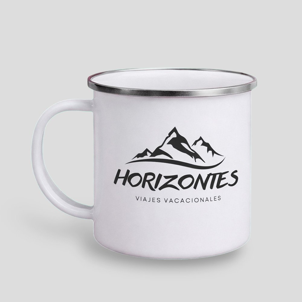 taza retro personalizada, taza estilo campamento personalizada, taza 380 ml personalizada, taza con borde plateado, taza vintage con logo o foto, taza personalizada para regalo